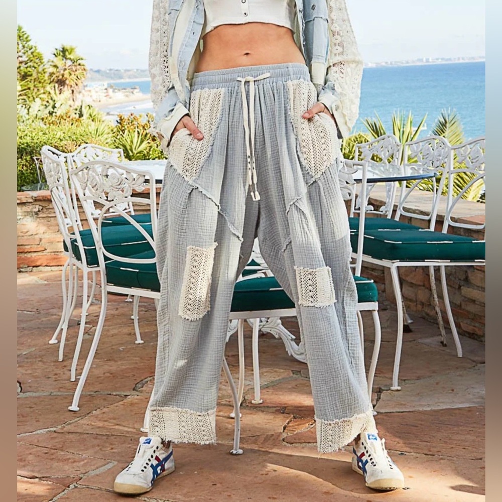 POL Elastic Waist Band Lace Pants - Light Blue